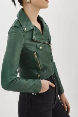 Women’s green lambskin leather jacket biker style 2