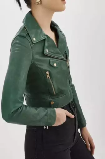 Women’s green lambskin leather jacket biker style