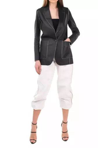 Women’s mid-length black leather trench-style coat