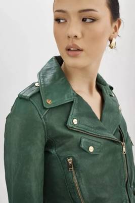 Women’s green lambskin leather jacket biker style 3