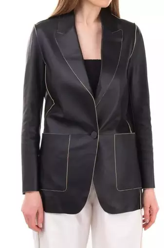 Women’s mid-length black leather trench-style coat