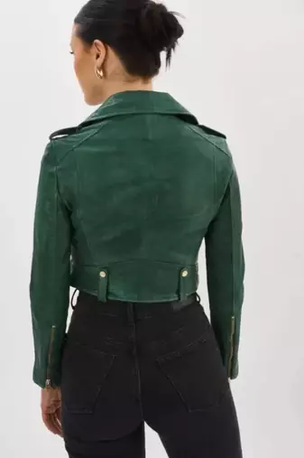 Women’s green lambskin leather jacket biker style