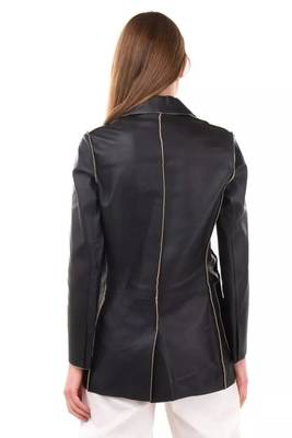Women’s mid-length black leather trench-style coat 4