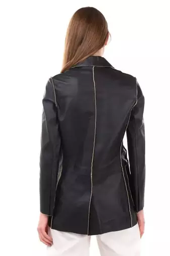 Women’s mid-length black leather trench-style coat