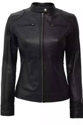 Women’s black café racer lambskin leather jacket -straight zipp 1