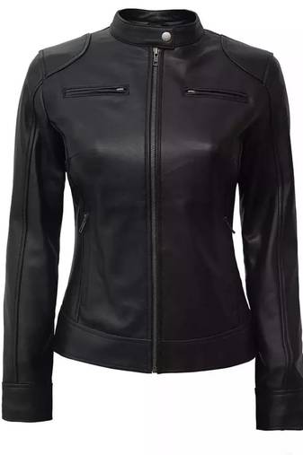 Women’s black café racer lambskin leather jacket -straight zipp