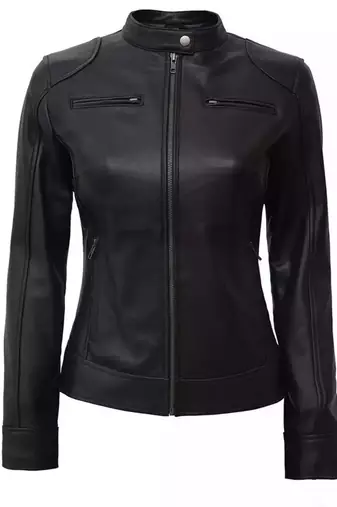 Women’s black café racer lambskin leather jacket -straight zipp