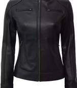 Women’s black café racer lambskin leather jacket -straight zipp