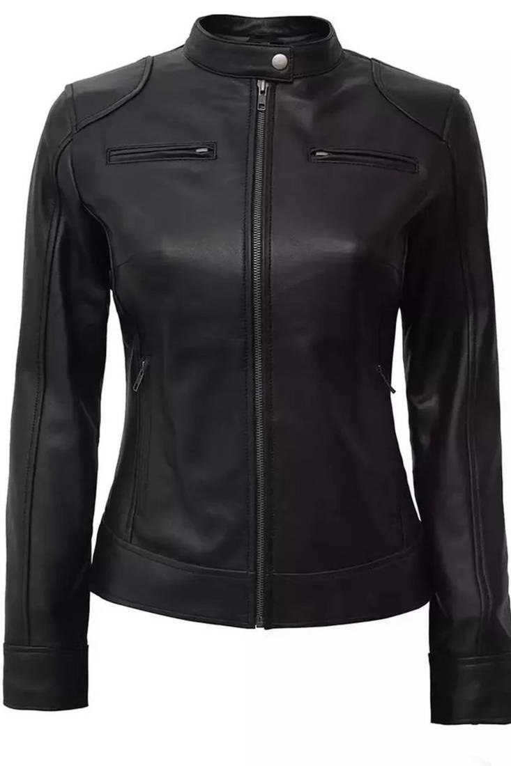 Women’s black café racer lambskin leather jacket -straight zipp