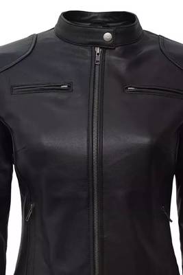 Women’s black café racer lambskin leather jacket -straight zipp 2