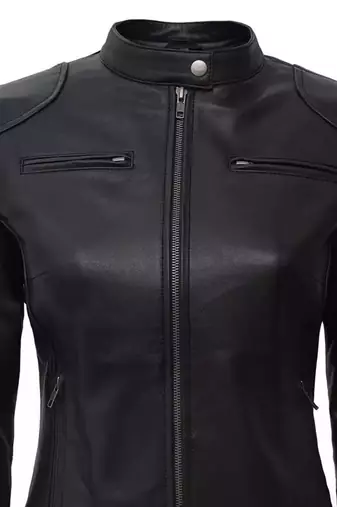 Women’s black café racer lambskin leather jacket -straight zipp