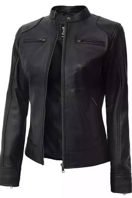 Women’s black café racer lambskin leather jacket -straight zipp 3