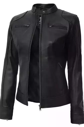 Women’s black café racer lambskin leather jacket -straight zipp
