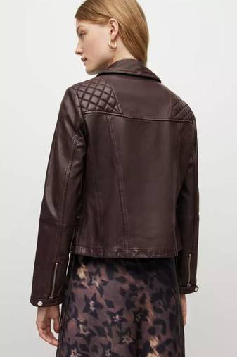 Women’s brown lambskin leather jacket -quilted shoulder tylish look