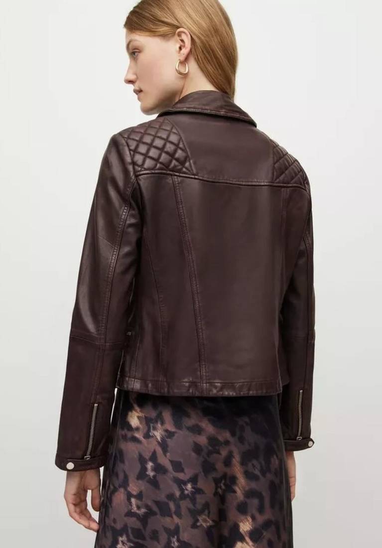 Women’s brown lambskin leather jacket -quilted shoulder tylish look