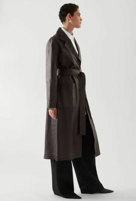 Women’s black full-length safari-inspired leather trench coat  belted 1