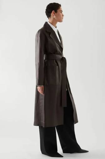 Women’s black full-length safari-inspired leather trench coat  belted