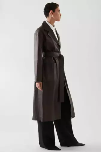 Women’s black full-length safari-inspired leather trench coat  belted