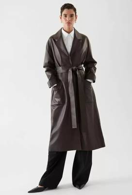 Women’s black full-length safari-inspired leather trench coat  belted 2