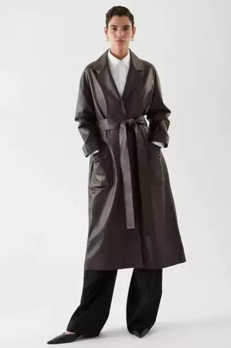 Women’s black full-length safari-inspired leather trench coat  belted