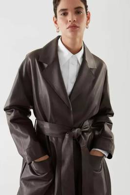 Women’s black full-length safari-inspired leather trench coat  belted 3