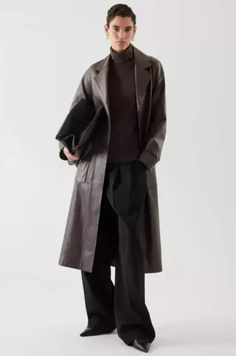 Women’s black full-length safari-inspired leather trench coat  belted