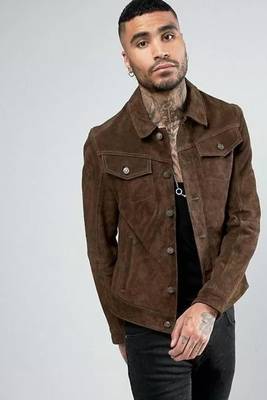 Men's brown suede lambskin leather jacket - button  detail stylish look 1