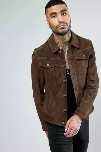 Men's brown suede lambskin leather jacket - button  detail stylish look
