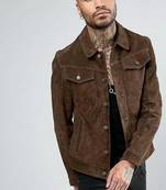 Men's brown suede lambskin leather jacket - button  detail stylish look