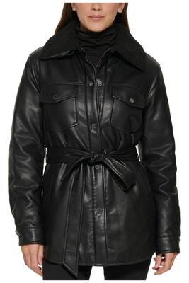 Women’s black pocket mid-length safari-inspired leather trench coat  belted 1