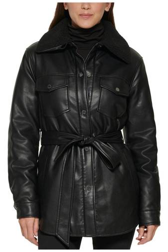 Women’s black pocket mid-length safari-inspired leather trench coat  belted