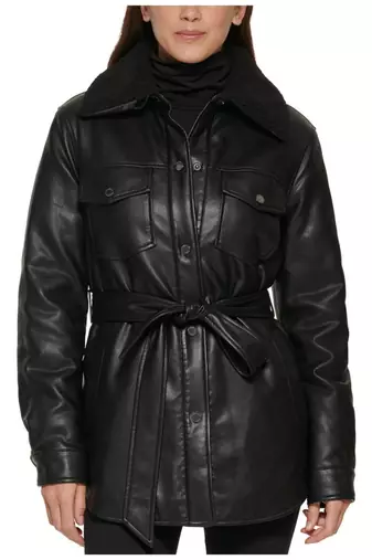 Women’s black pocket mid-length safari-inspired leather trench coat  belted