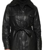 Women’s black pocket mid-length safari-inspired leather trench coat  belted