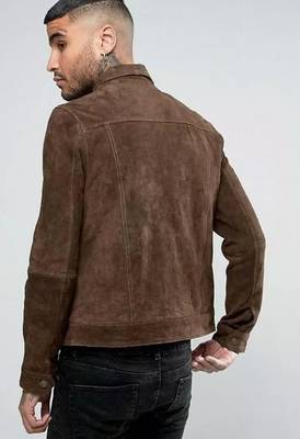 Men's brown suede lambskin leather jacket - button  detail stylish look 2