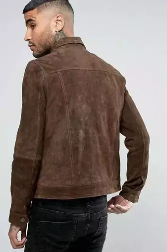 Men's brown suede lambskin leather jacket - button  detail stylish look