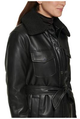 Women’s black pocket mid-length safari-inspired leather trench coat  belted 2
