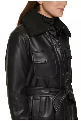 Women’s black pocket mid-length safari-inspired leather trench coat  belted