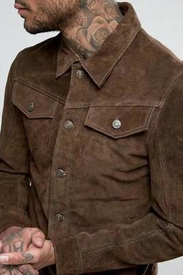Men's brown suede lambskin leather jacket - button  detail stylish look 3