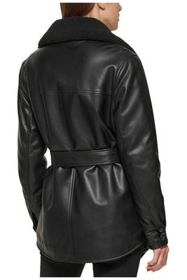 Women’s black pocket mid-length safari-inspired leather trench coat  belted 3