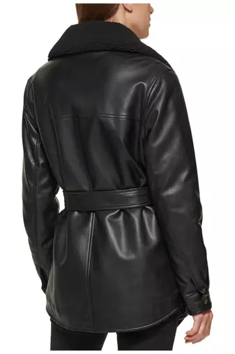 Women’s black pocket mid-length safari-inspired leather trench coat  belted