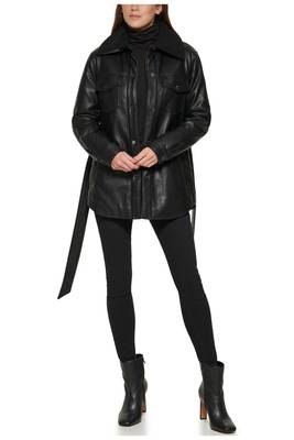 Women’s black pocket mid-length safari-inspired leather trench coat  belted 4
