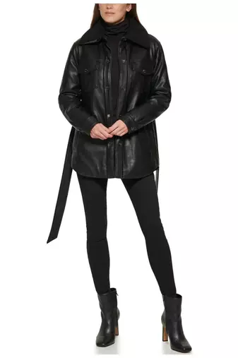 Women’s black pocket mid-length safari-inspired leather trench coat  belted