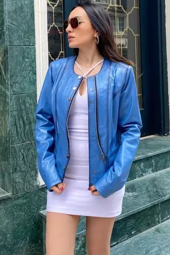 Women’s sky bluelambskin leather jacket- zipper motor biker detail