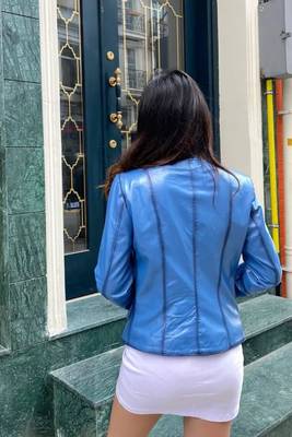 Women’s sky bluelambskin leather jacket- zipper motor biker detail 2