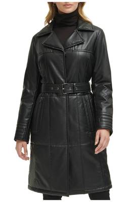 Women’s black pocket fid-length safari-inspired leather trench coat  belted 1
