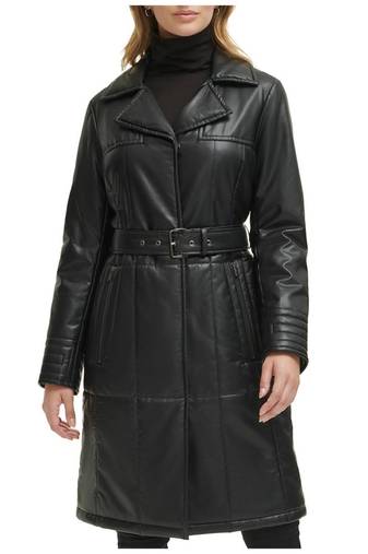 Women’s black pocket fid-length safari-inspired leather trench coat  belted