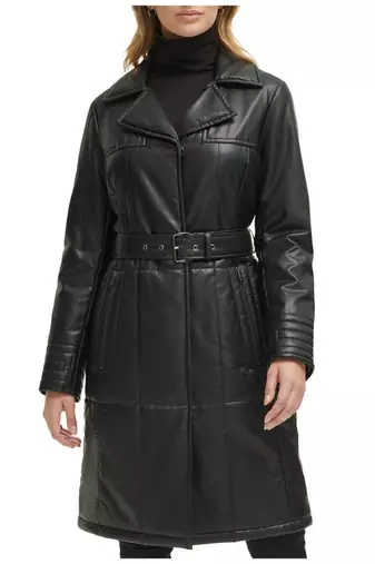 Women’s black pocket fid-length safari-inspired leather trench coat  belted
