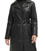 Women’s black pocket fid-length safari-inspired leather trench coat  belted