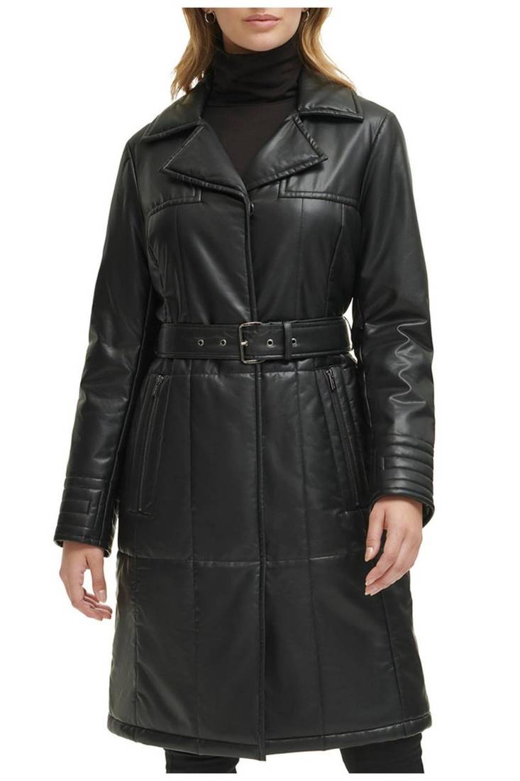 Women’s black pocket fid-length safari-inspired leather trench coat  belted