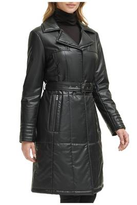 Women’s black pocket fid-length safari-inspired leather trench coat  belted 2